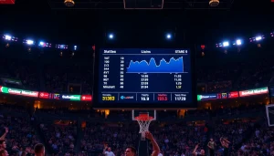 Check live statistics of ผลบาสสด on a dynamic basketball scoreboard in an energetic arena.