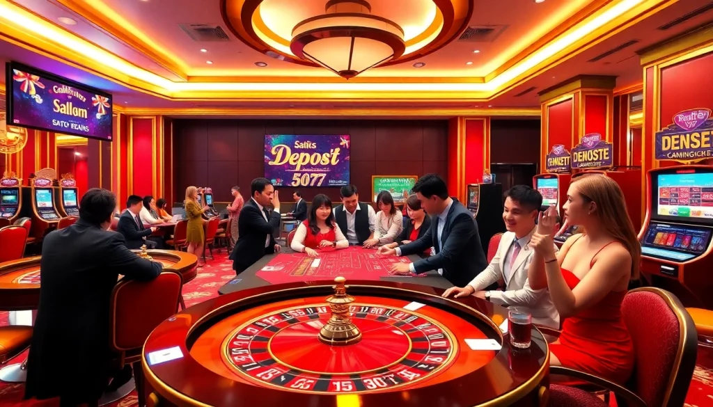 Situs deposit 5k gameplay with engaged players in a luxurious casino atmosphere featuring poker and slot machines.