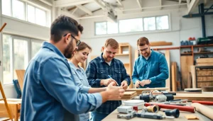 Engage in construction craft training with hands-on learning in a vibrant workshop setting.