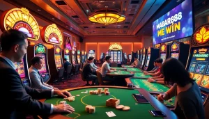 MABAR88 Menang ditampilkan secara mencolok di tengah suasana kasino online yang dinamis, menampilkan mesin slot yang hidup dan pemain yang terlibat.