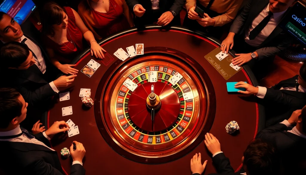 Joueurs s'engageant à une table de casino en ligne France, mettant en avant une atmosphère passionnante de jeu de roulette.