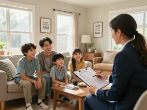 We buy houses for cash, family discussing cash offers with real estate agent in cozy living room.