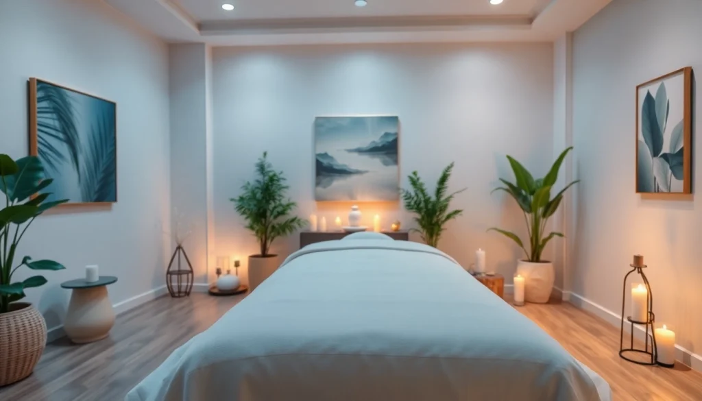 편안한 장식과 분위기 조명이 있는 1인샵 마사지 룸.