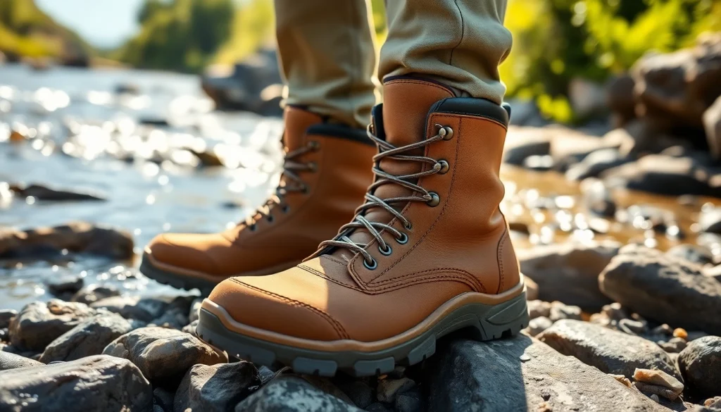 Admiring durable fly fishing boots positioned on a rocky riverbank under sunlight.