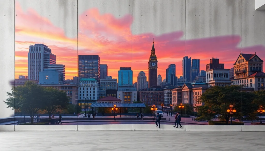 Mural przedstawiający miejską panoramę o zachodzie słońca, ukazujący żywe kolory i tętniącą życiem atmosferę.