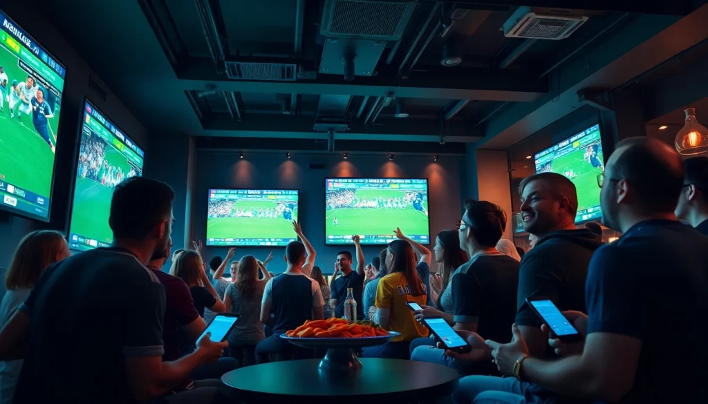 Exciting sports betting scene showcasing fans enjoying 토토스토리 with live sports and digital devices.