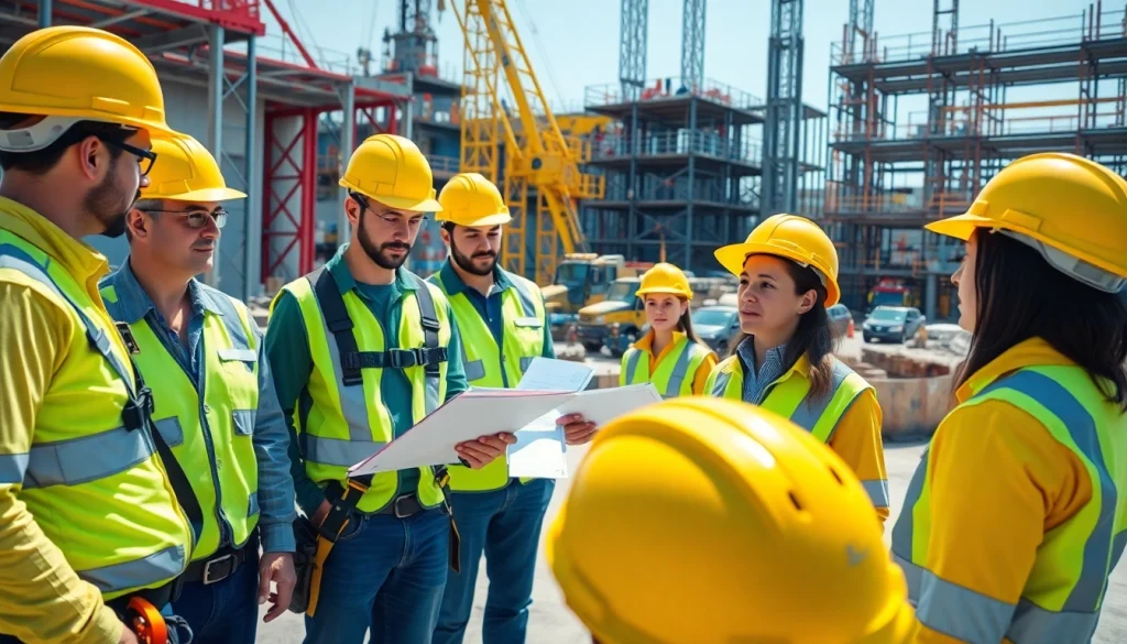 Workers enforcing construction safety programs while using safety gear and discussing protocols.