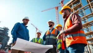 Construction safety programs being actively discussed by professionals at a busy construction site.