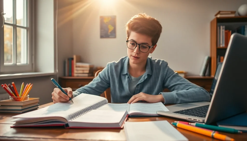 Boost your exam preparation with a focused student studying at a well-lit desk.