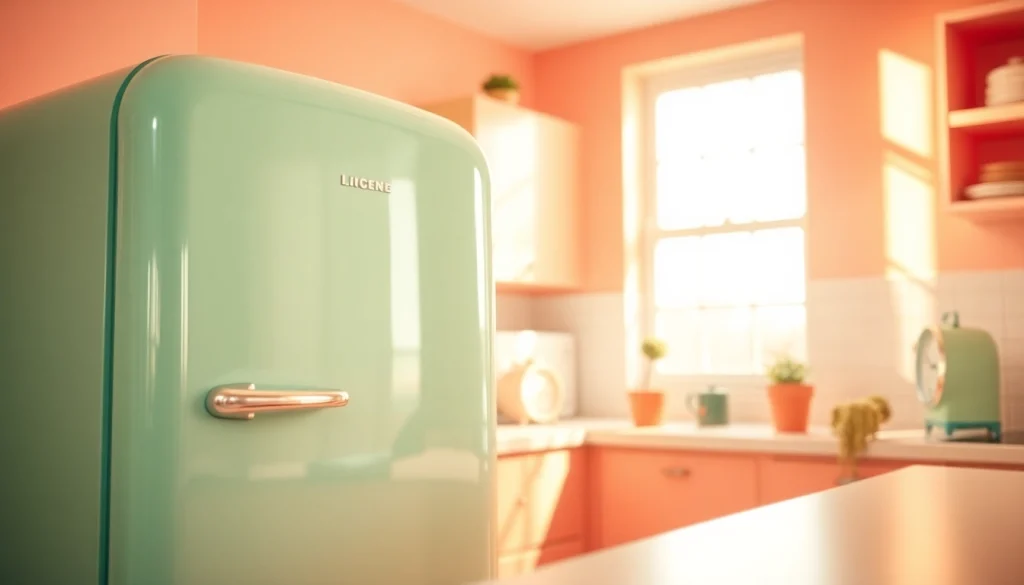 Retro appliance refrigerator showcased in a vintage kitchen, highlighting mid-century design elements.