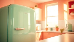 Retro appliance refrigerator showcased in a vintage kitchen, highlighting mid-century design elements.