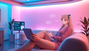 Engaging AI girlfriend character interacting in a cozy, futuristic lounge.
