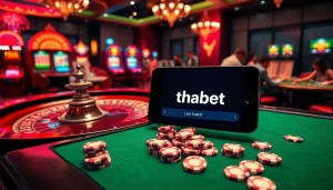 Experience thrilling gaming with link vào thabet at an elegant casino table with vibrant roulette and poker action.