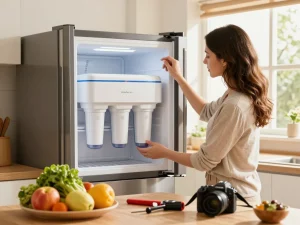 Homeowner installing the Waterdrop UKF8001 Refrigerator Water Filter 4 in a bright kitchen with fresh produce.