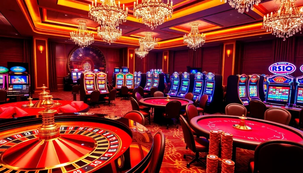 Stunning RR88 casino scene with roulette, poker tables, and vibrant slot machines.
