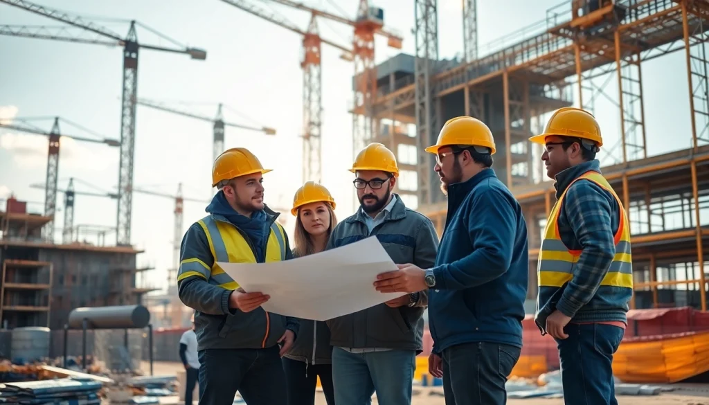 Construction workforce development showcased through teamwork at a sunny construction site.