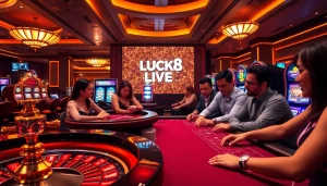 LUCK8 players enjoying a thrilling casino experience at lavish gaming tables