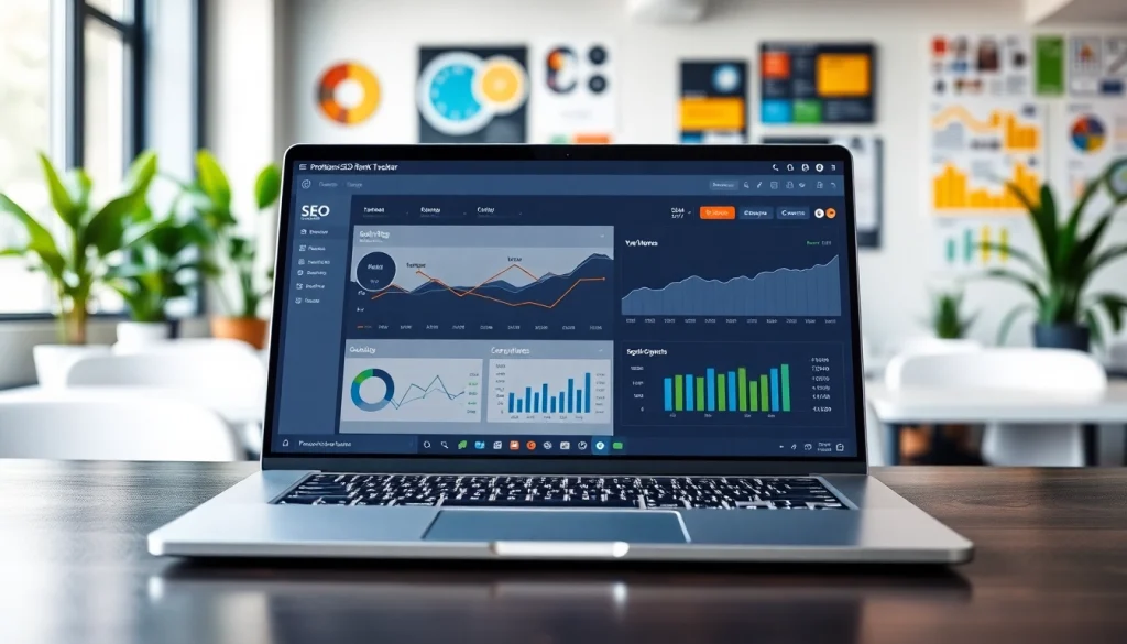 Visual dashboard showcasing SEO Rank Tracker metrics and analytics on a laptop in a bright office setting.
