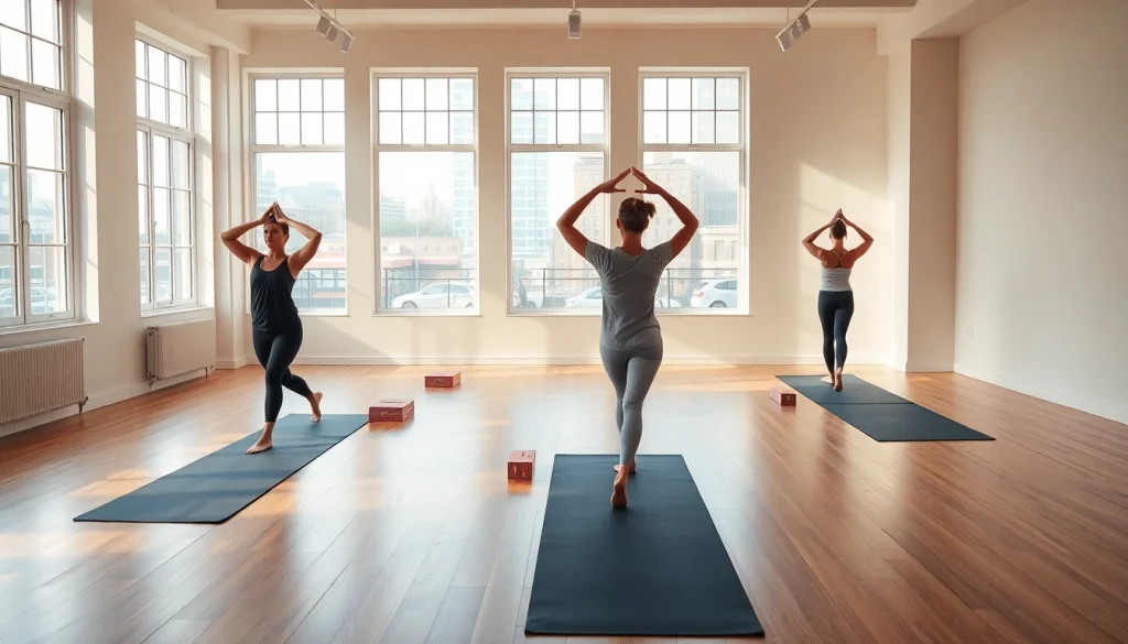 ホットヨガ おすすめ スタジオシーン、ヨガポーズを取る参加者たち、落ち着いた雰囲気。