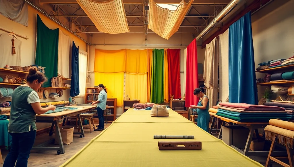Verken duurzame stoffen in een actieve textielwerkplaats met vakmanschap en kleurrijke materialen.