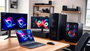 Wydajne komputery PC w nowoczesnym biurze, z klawiaturą i myszką na drewnianym biurku.