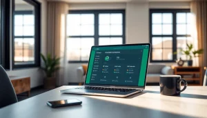 时尚笔记本电脑上的快连 VPN 界面，展示专业工作环境中的无缝连接。