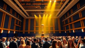 Award winners celebrating at the construction awards ceremony in a glamorous setting.