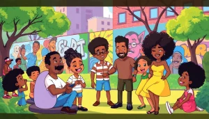 A vibrant scene showcasing diverse African American Cartoons characters embracing culture and community.