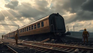 Spain train crash scene with rescue workers responding amidst chaos and debris.