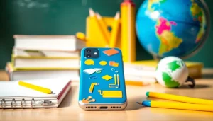 Handytasche Schule schützt Smartphones im Schulalltag mit buntem Design auf einem Schreibtisch.