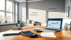 Biuro księgowości z nowoczesnym biurkiem, dokumentami finansowymi i laptopem, przekazującymi profesjonalizm i zaufanie.