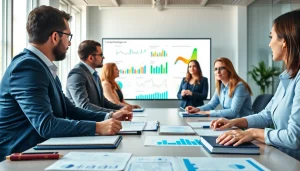 Discussing competitive intelligence faqs during a business meeting with charts and screens.