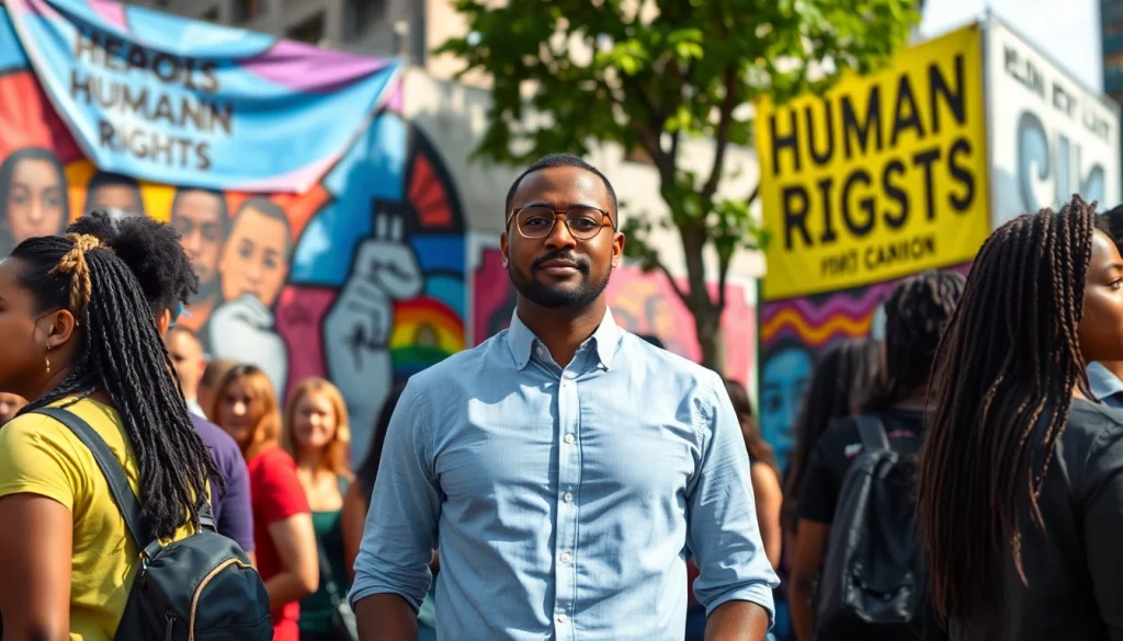 Advance human rights advocacy with diverse individuals promoting equality in an urban environment.