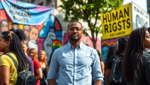 Advance human rights advocacy with diverse individuals promoting equality in an urban environment.