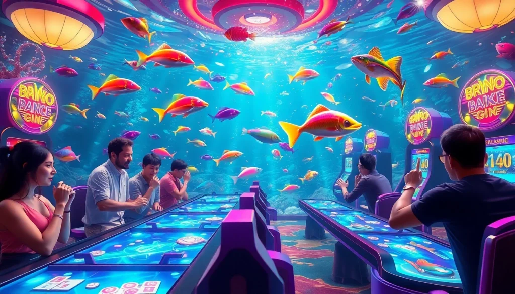 Engaging players in bắn cá đổi thưởng amidst a vibrant underwater casino atmosphere.