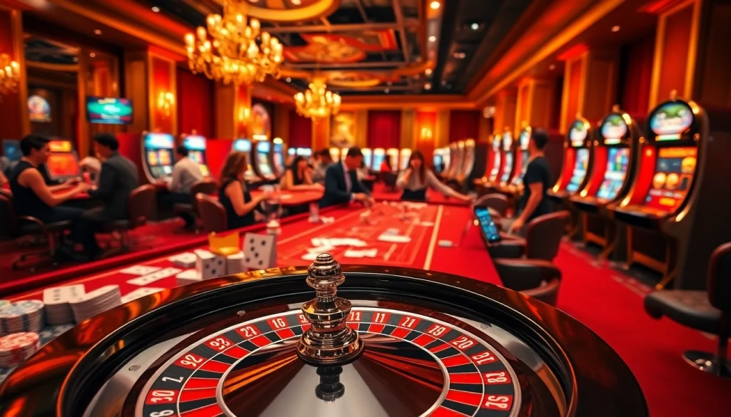 Jeu passionnant dans un casino en ligne France luxueux présentant la roulette, des cartes et des joueurs.
