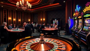 Joueurs engagés dans un casino en ligne de luxe en France avec roulette, poker et machines à sous colorées.