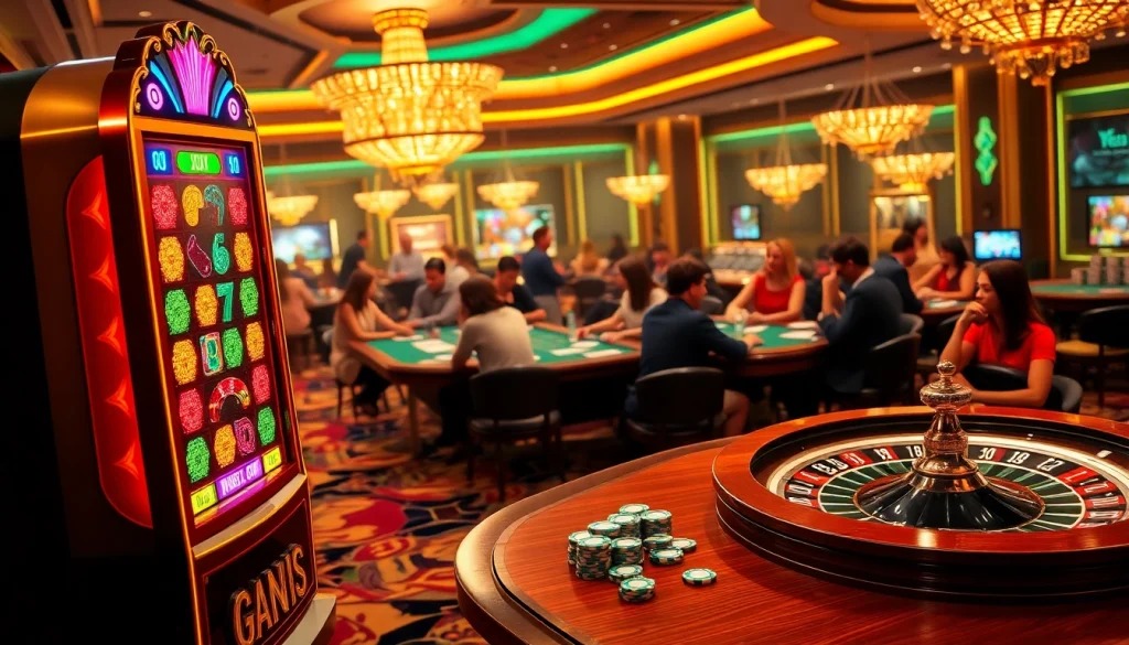 Rasakan sensasi ANEKA4D dengan suasana kasino mewah yang menampilkan mesin slot yang berwarna-warni dan meja poker.